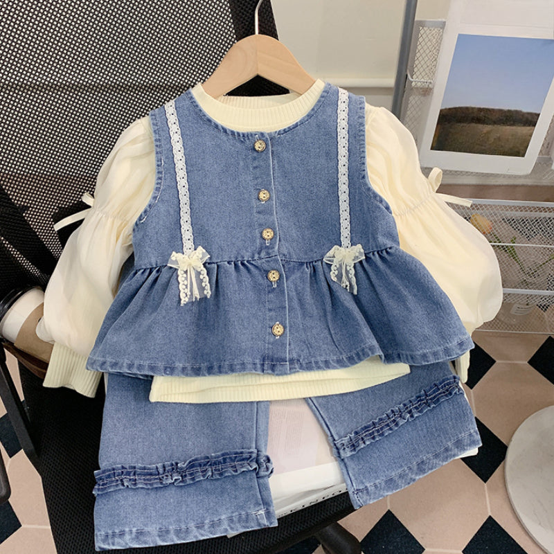 Girls Spring Suit Baby Girl Denim Clothes Three-piece Suit