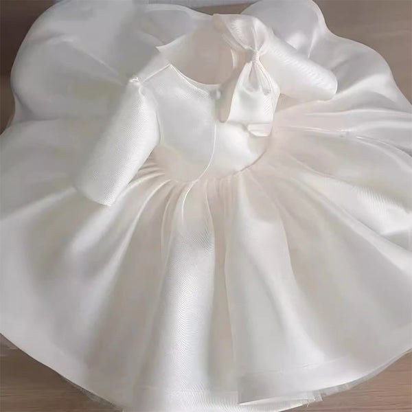 Elegant Baby Girl White Bow Birthday Dress Toddler Baptism Dresses