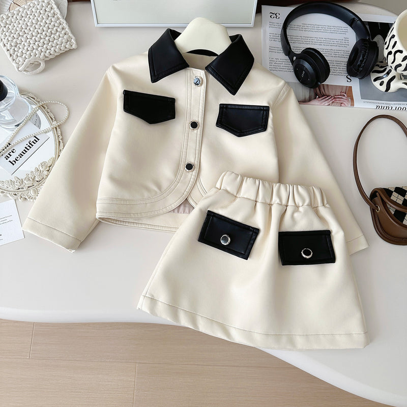 Girls Colorblock Leather Coat Short Skirt Two-Piece Set