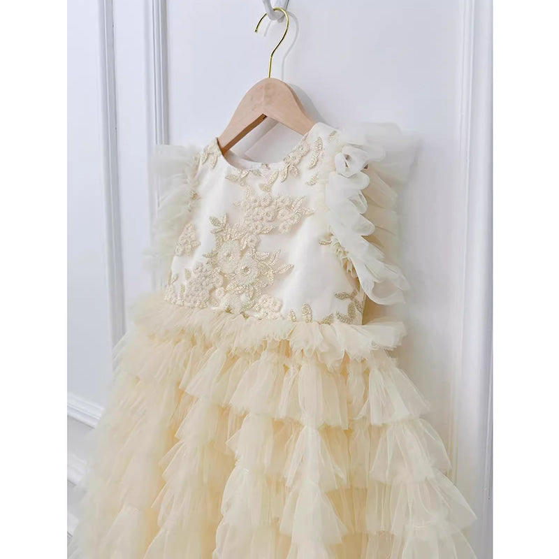 Multi-layer Cake Dress Flower Girl Dress Champagne Embroidery