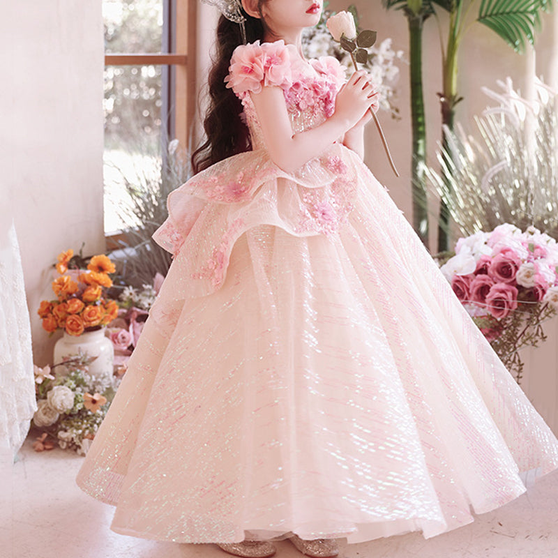 Elegant Baby Girls Pink Sequined Mesh Formal Dresses Toddler Christening Dresses