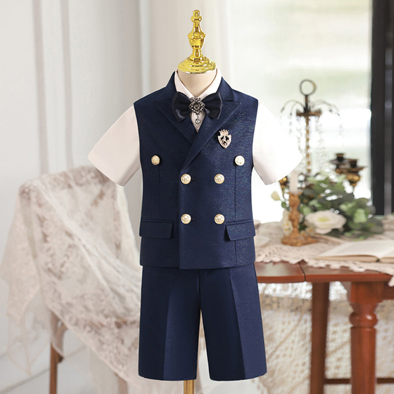 Boys Bow Tie Vest Double Breasted Waist Suit Set