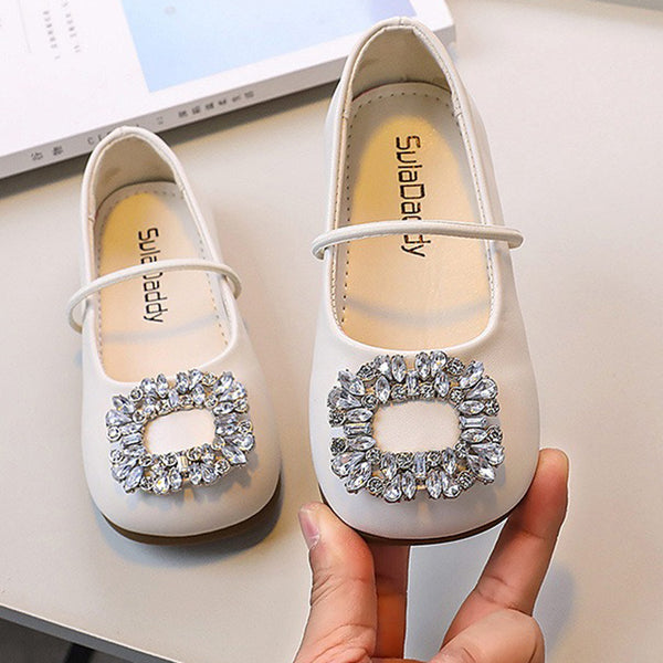 Children's Square Toe Crystal Leather Shoes