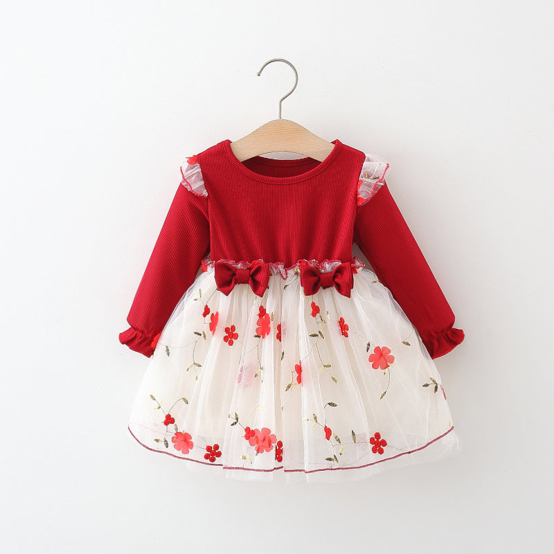 Girls Two Bows Dress Flower Mesh Princess Dress