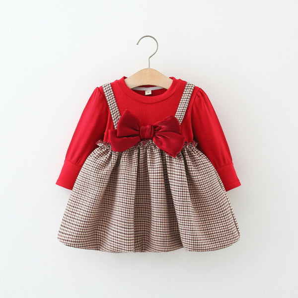 Bow Check Dress Long Sleeve Suspender Dress