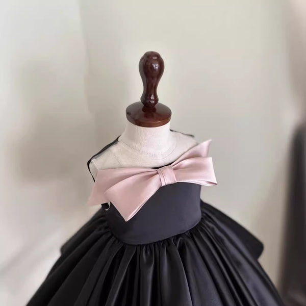 Elegant Baby Girl Black Satin Bow Dress Toddler Ball Gowns