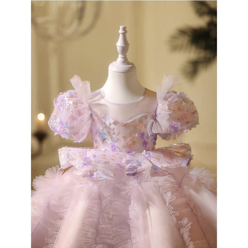 Lilac Girl Dress Fluffy Tulle Skirt Covered with Small Flowers