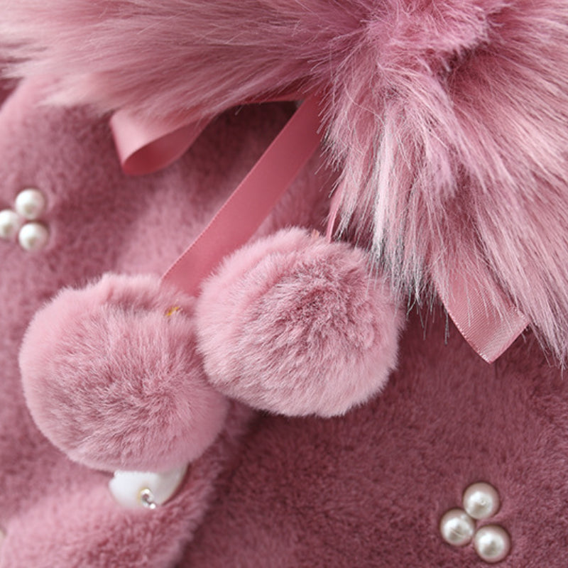 Girls Fur Collar Pearl Flower Fur Sweater Coat