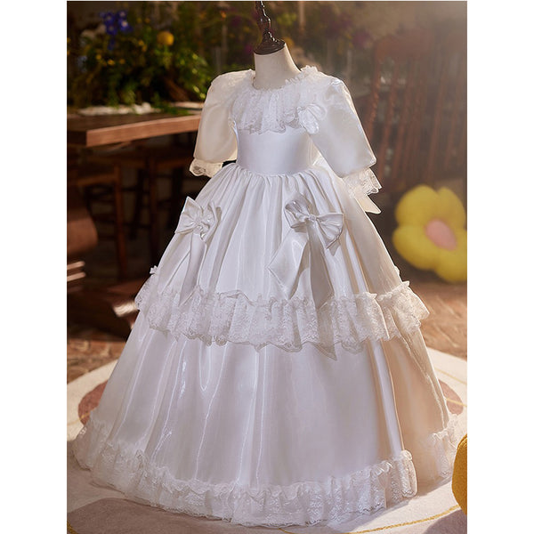 White Satin Girls Birthday Dress Princess Dress