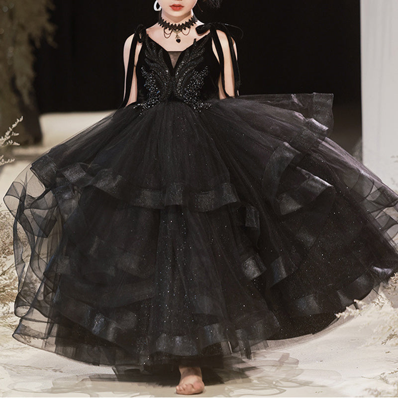 Elegant Baby Girls Black Strapless Tulle Ball Gown Toddler Princess Dress