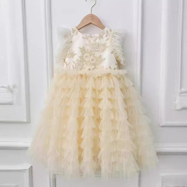 Multi-layer Cake Dress Flower Girl Dress Champagne Embroidery