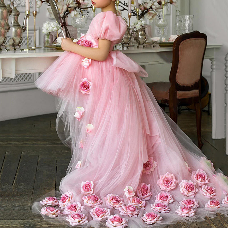 Elegant Baby Pink Long Tail Party Princess Dresses Toddler Ball Gowns marryshe