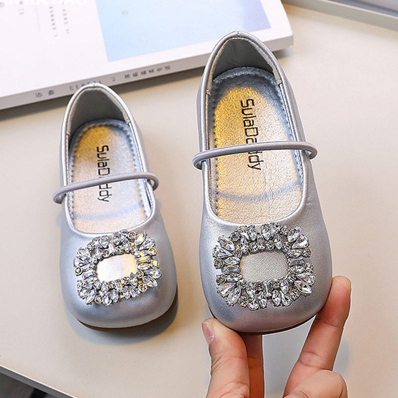 Children's Square Toe Crystal Leather Shoes