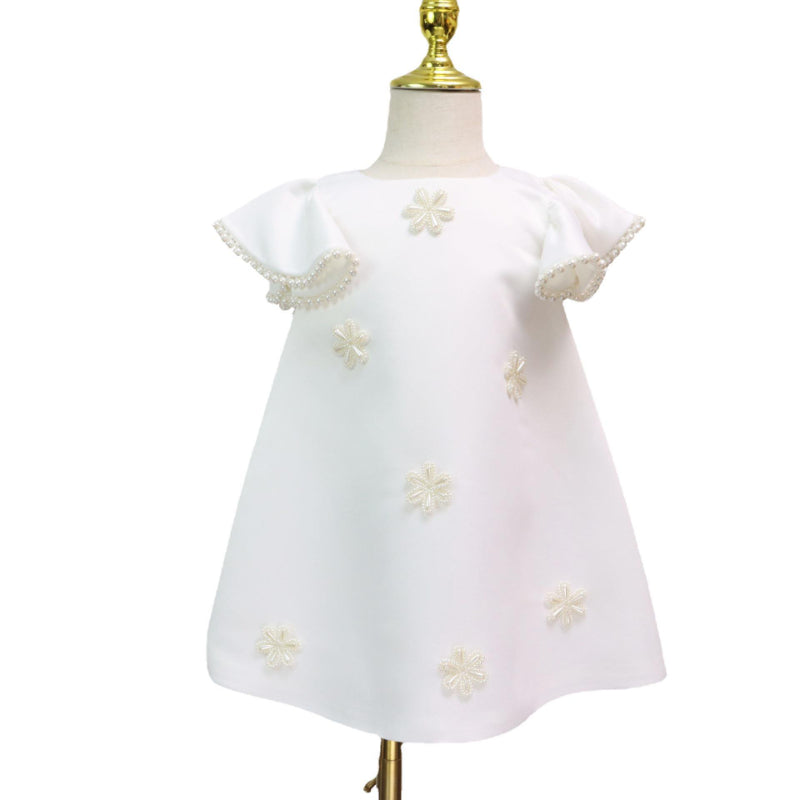 Elegant Baby Girls White Floral Butterfly Sleeve First Birthday Dress Toddler Flower Girl Formal Dress
