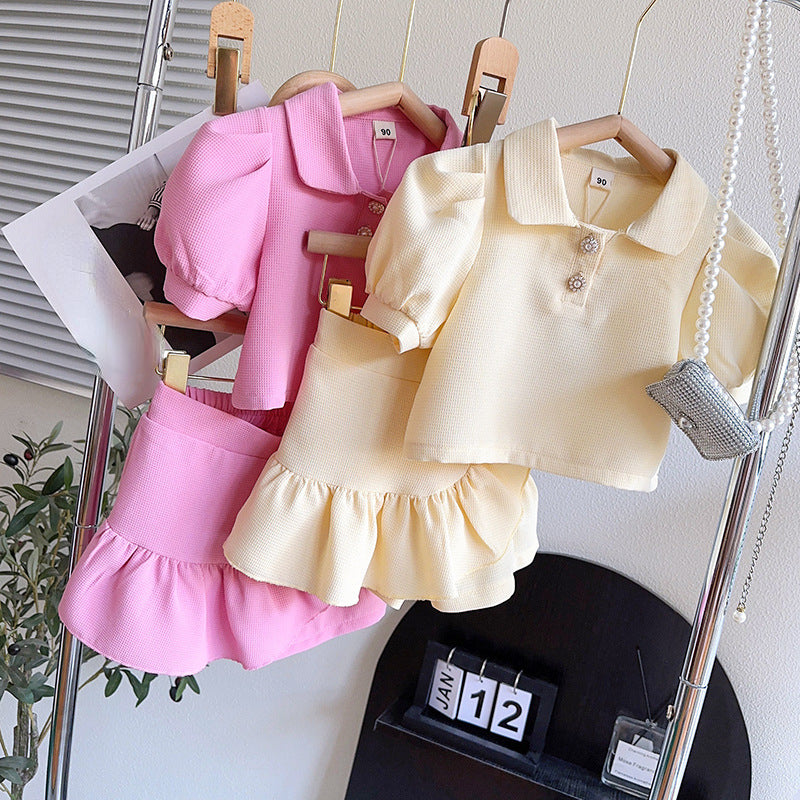 Girls Puff Lapel Short Sleeve Solid Color Skirt Two Piece Set