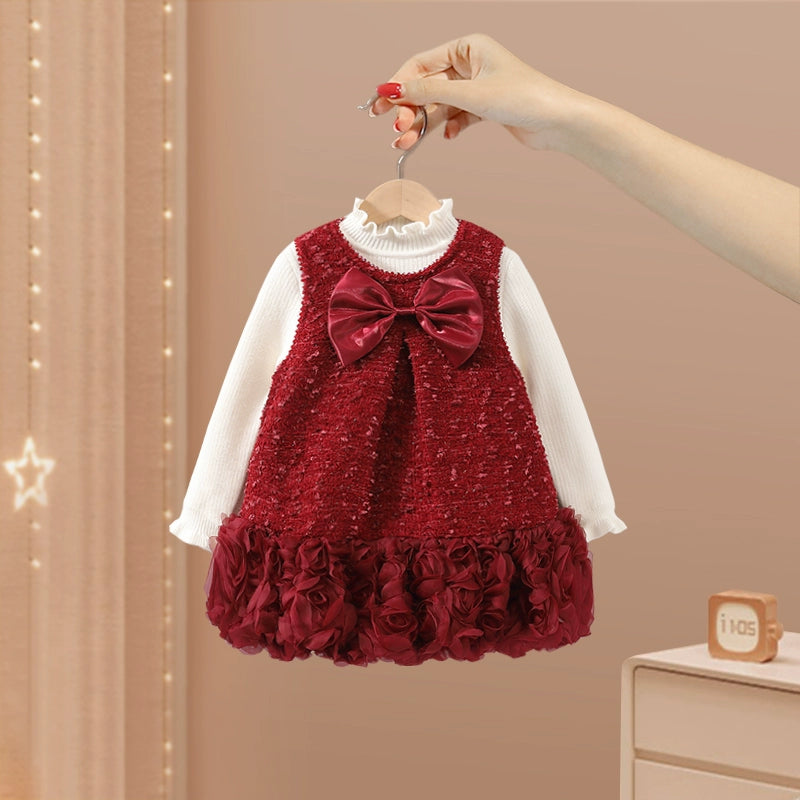 Girls' Winter Bowknot Dress Winter Two-piece Suit