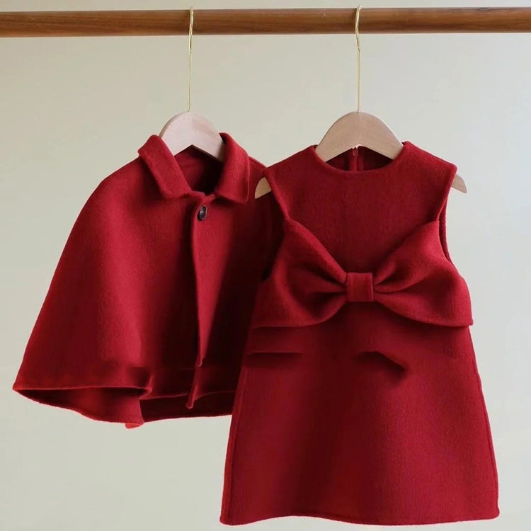 Girls Christmas Bow Jacket And Skirt Two-piece Set