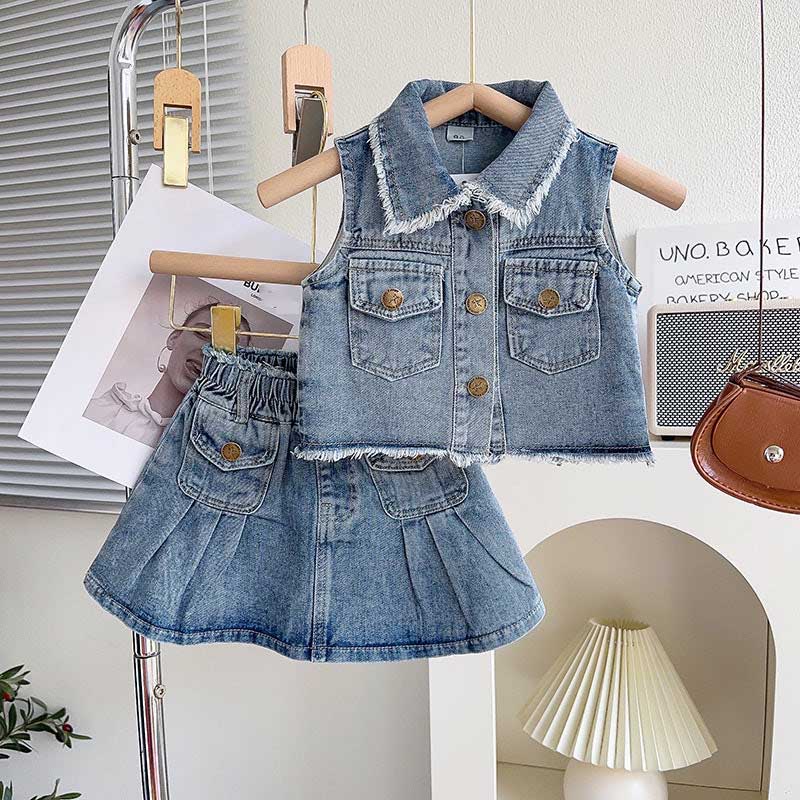 Girls Summer Suit Set Denim Pleated Skirt Two-piece Set