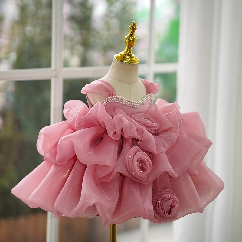 Elegant Baby Girls Pink Flower Girl One-year-old Princess Toddler Beauty Pageant Dress