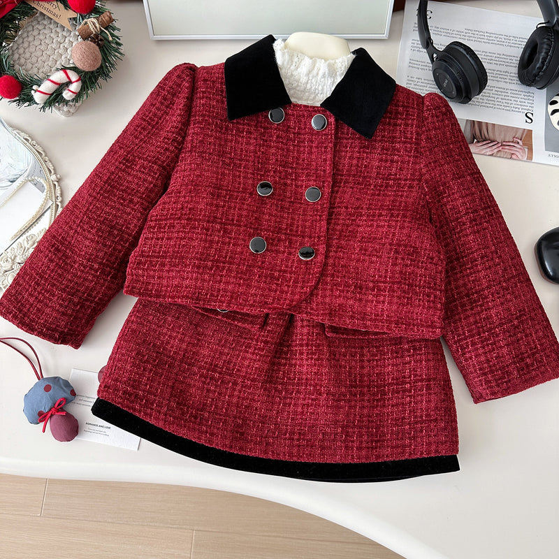 Girls Winter Skirt Tweed Double Breasted Red Two-Piece Set