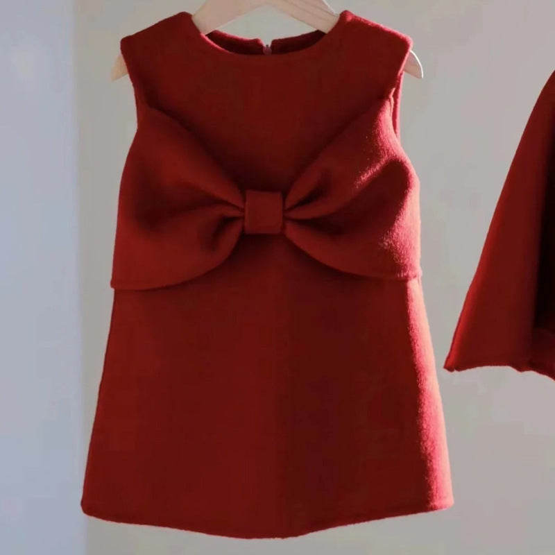 Girls Christmas Bow Jacket And Skirt Two-piece Set