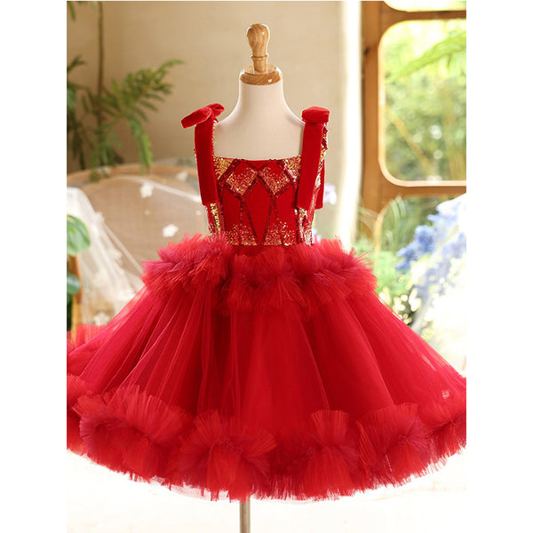 Red Bow Girls Birthday Dress Sleeveless Princess Dress