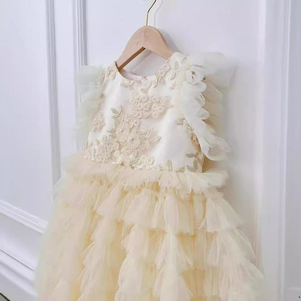 Multi-layer Cake Dress Flower Girl Dress Champagne Embroidery