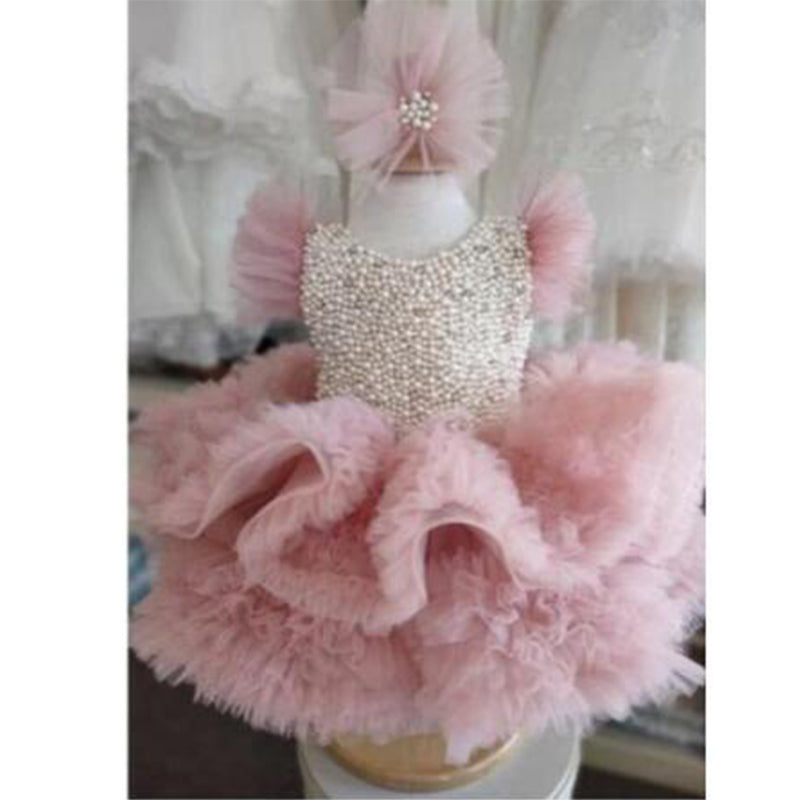 Cute Baby Girl Fluffy Beads Pageant Dress Toddler First Birthday Party Princess Dress