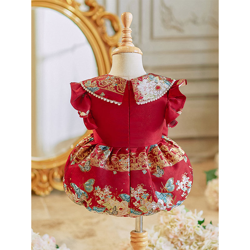 Cute Baby Girl Baptism Dress Red Embroidered Dress Toddler Birthday Trailing Princess Dress