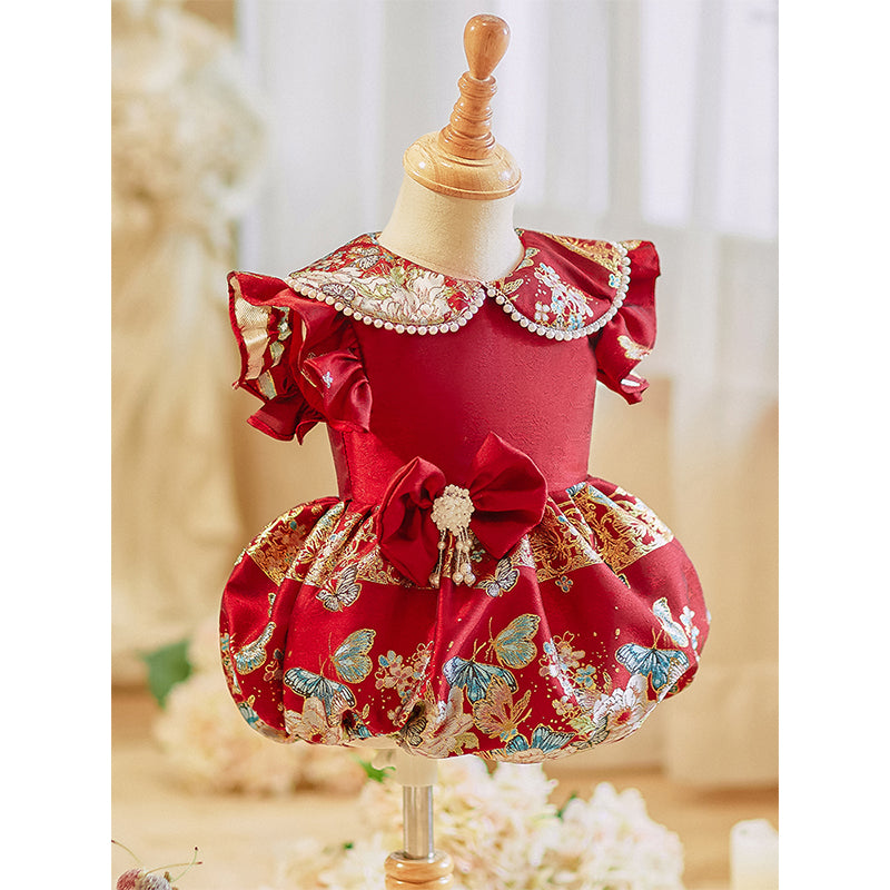 Cute Baby Girl Baptism Dress Red Embroidered Dress Toddler Birthday Trailing Princess Dress