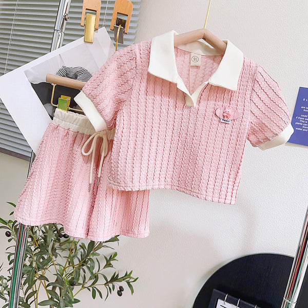 Cute Girls' Pink and White Polo Shirt and Shorts Two-piece Set