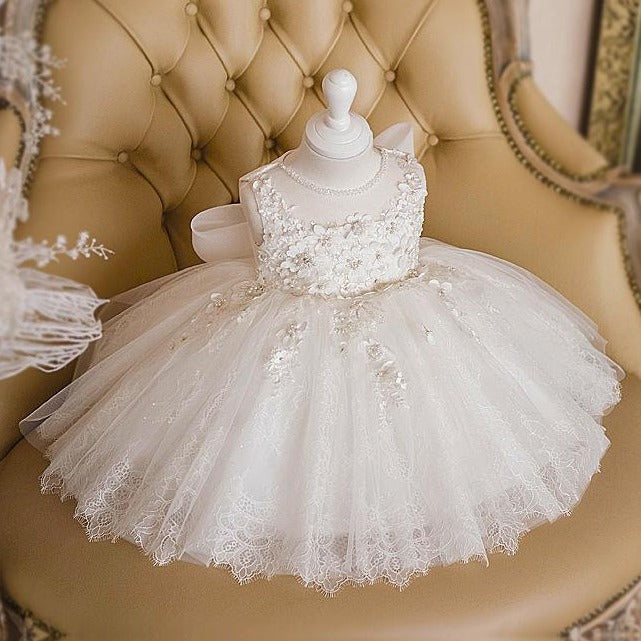 White Tulle Bead Floral Princess Newborn Baby Girl Dress Baptism 1 Year  Birthday Christening Gown for Infant Pageant Party Dress - AliExpress