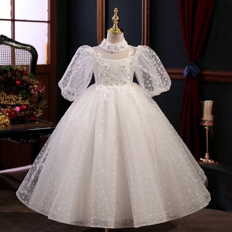 marryshe Flower Girl Dress Children First Communion White Princess Dress Long Sleeves Fluffy Pageant Dress White 7 8 Years 140cm