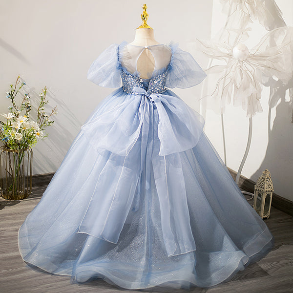 Girl Princess Dress Children Elegant Blue Sequins Trailing Birthday Pa ...