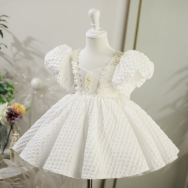 Toddler Prom Dress Girl Wedding Princess Dress White Puff Sleeve Beade ...