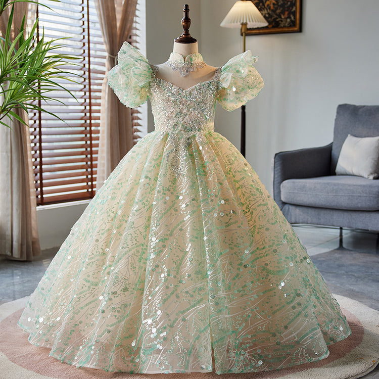 Girl Birthday Party Dress Green Sequins Stand Collar Princess Dress