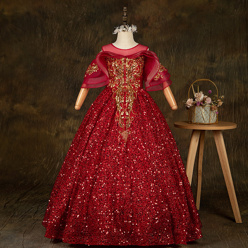 Elegant Girls Sequinswine Red Puffy Princess Dress