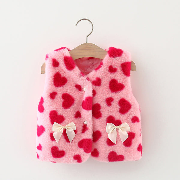 Heart Print Plush Sleeveless Coat