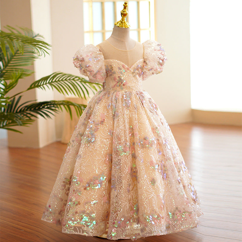 V Back Long Sleeves Burgundy Sequin Wedding Flower Girl Dress Birthday -  Princessly