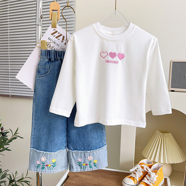 Sweet Girl's Love Bottoming Shirt Denim Wide-leg Pants Two-piece Set