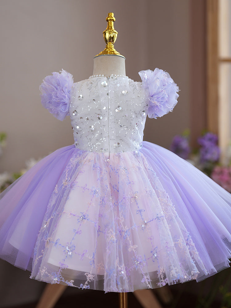 Toddler Prom Dress Girl Purple Puff Sleeves Birthday Party Dress