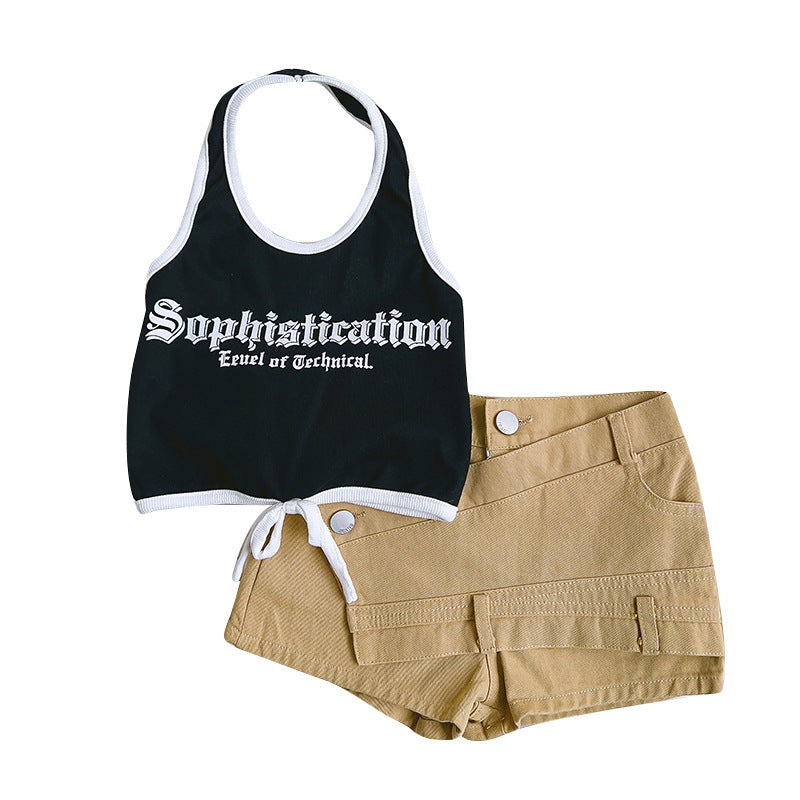 Cute Girls Letter Halter Halter Top Overalls Shorts Two-piece Set