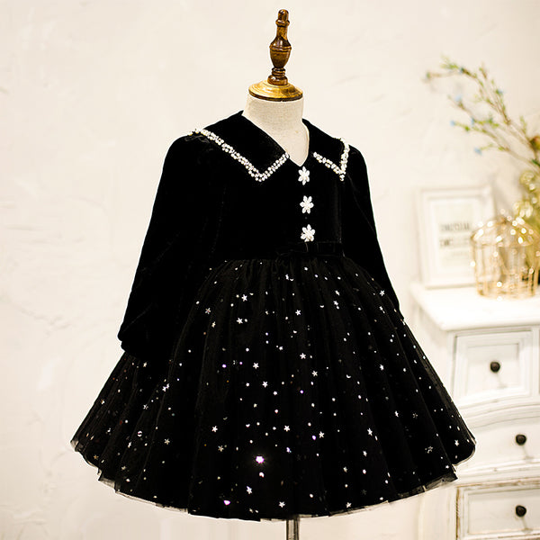 Winter Black Long Sleeve Puff Princess Dress