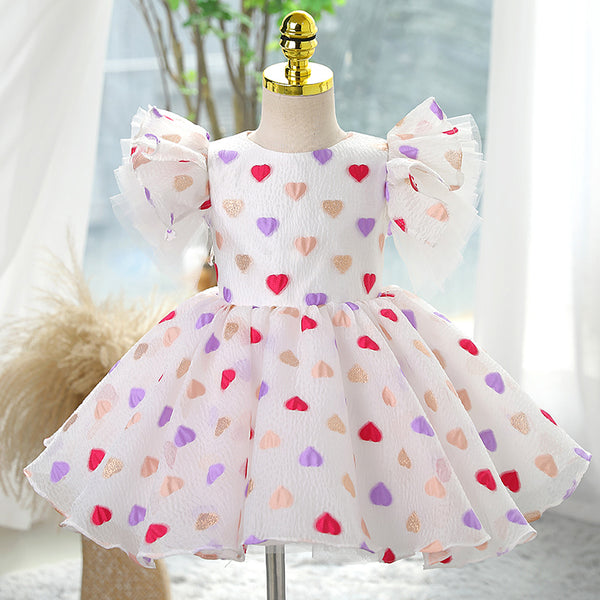 Baby Girl and Toddler Summer Heart Print Fluffy Birthday Party Princess Dress