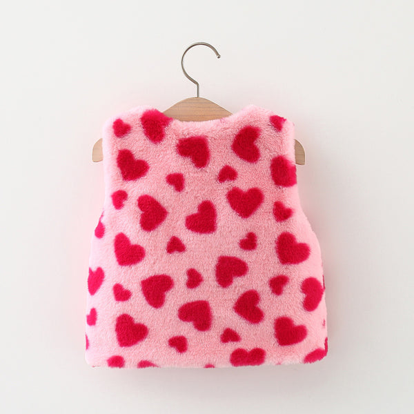 Heart Print Plush Sleeveless Coat