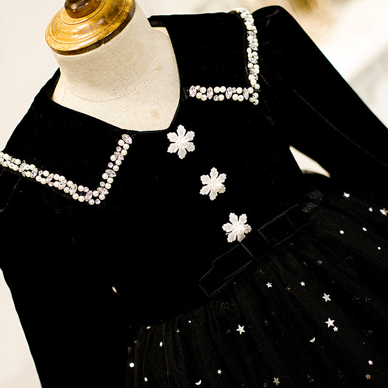 Winter Black Long Sleeve Puff Princess Dress