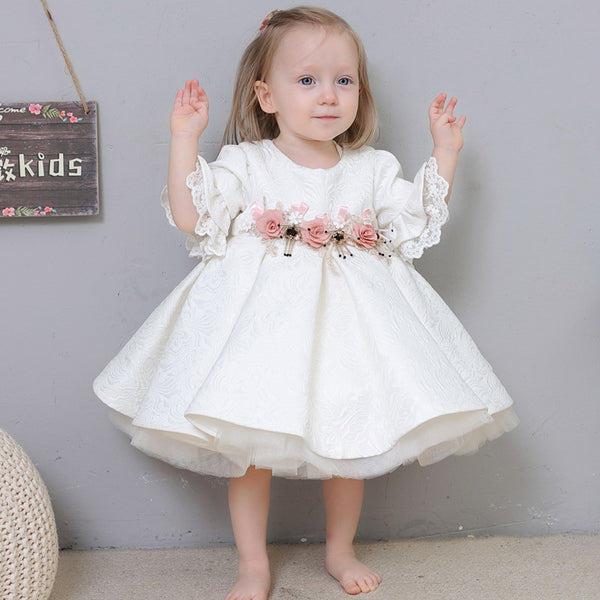 Flower Girl Dress Toddler Communion Formal White Bow Lace Baby Baptism ...