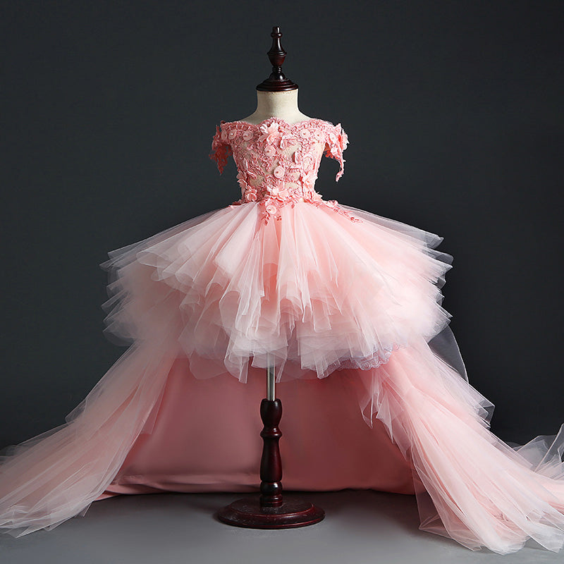 Pink Lace Girls Dress Princess Embroidery Flower Summer 