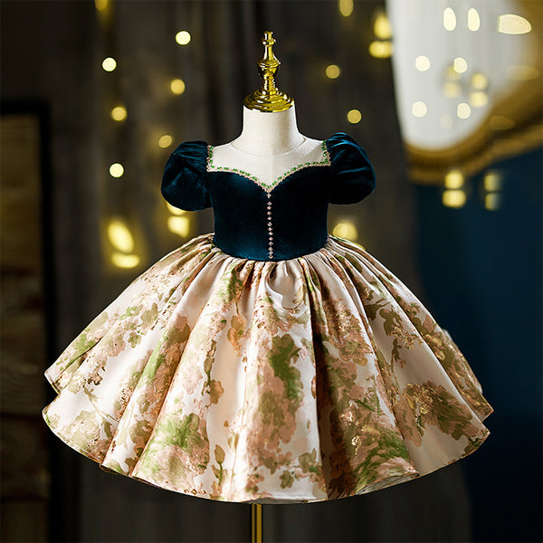 Baby Girl Birthday Party Dress Summer Vintage Print Palace Princess Dress