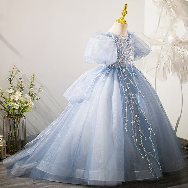 Girl Princess Dress Children Elegant Blue Sequins Trailing Birthday Pa ...